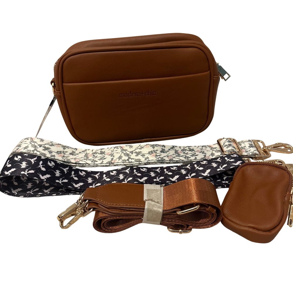 Modern+Chic Crossbody Bag Women OS Cognac Brown 3 Straps Coin Pouch Set NEW